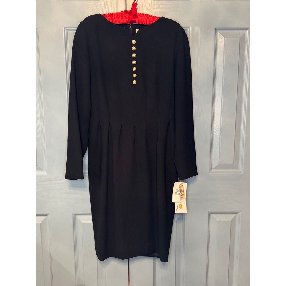 Liz Claiborne Vintage Black Sheath Dress Long Sleeve Pearl Button Size 8 NWT